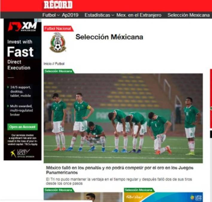 Diario Récord de México - 'México falló en los penaltis y no podrá competir por el oro en los Juegos Panamericanos'. 'México no pudo con Honduras en la tanda de penaltis donde perdió 2-4'.
