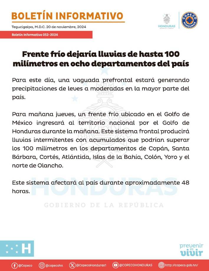 Boletín de Copeco sobre los efectos del frente frío que ingresará el jueves a Honduras. 
