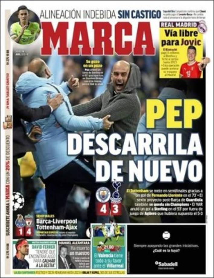 Diario Marca - Con imagen de Guardiola corriendo tras 'anotar' el quinto, Marca llega con el titular 'Pep descarrila de nuevo', y hace alusión a la celebración a lo Stanford Bridge como en 2009. Recuerda que es el sexto proyecto de Guardiola que falla. También recoge la alineación indebida del Barcelona con Chumi en Copa del Rey.