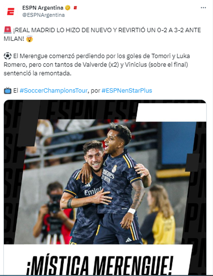 ESPN Argentina: “¡REAL MADRID LO HIZO DE NUEVO Y REVIRTIÓ UN 0-2 A 3-2 ANTE MILAN!”.