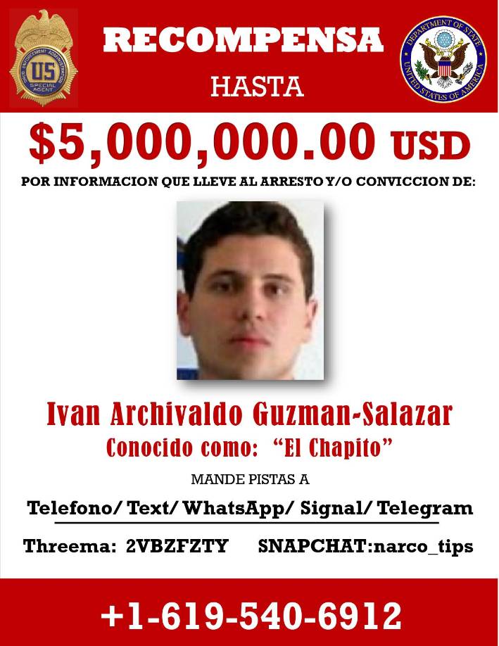 Las autoridades estadounidenses ofrecen 5 millones de dólares por el primogénito del Chapo, Iván Archivaldo.