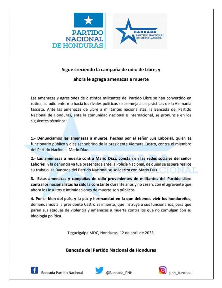 Finalmente, el PNH hizo un llamado a la presidenta Xiomara Castro para que instruya a sus funcionarios y paren los ataques de “violencia y amenazas que no comulgan con su ideología política”. 