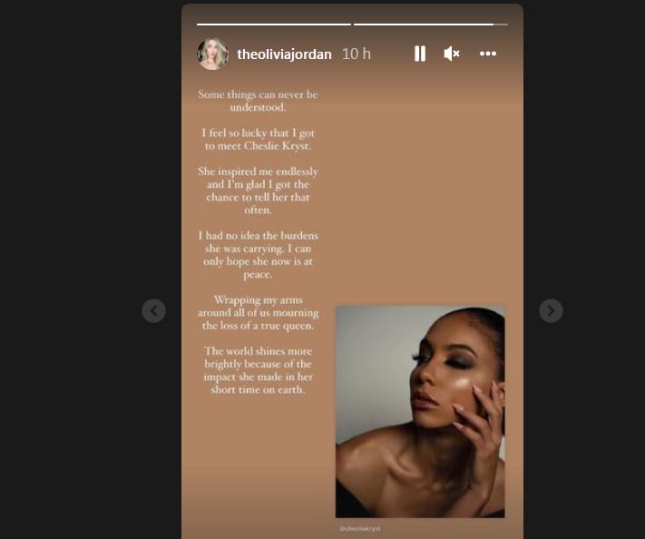 ”Descansa en paz, hermana. El mundo te extrañará a ti y a la luz tan brillante que emitiste”, publicó Olivia Jordan, ganadora de Miss EU en 2015.