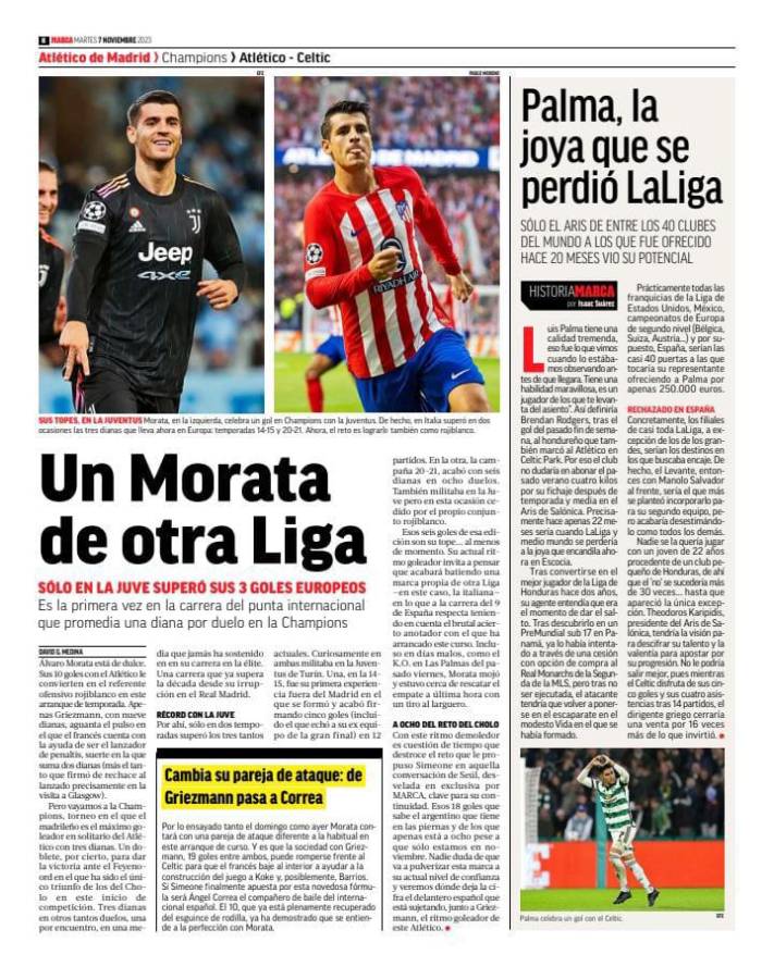 El artículo de Diario MARCA sobre el futbolista hondureño Luis Palma, previo a su participación en Champions con el Celtic.