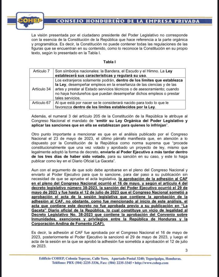 Análisis jurídico del Cohep sobre adhesión al CAF.