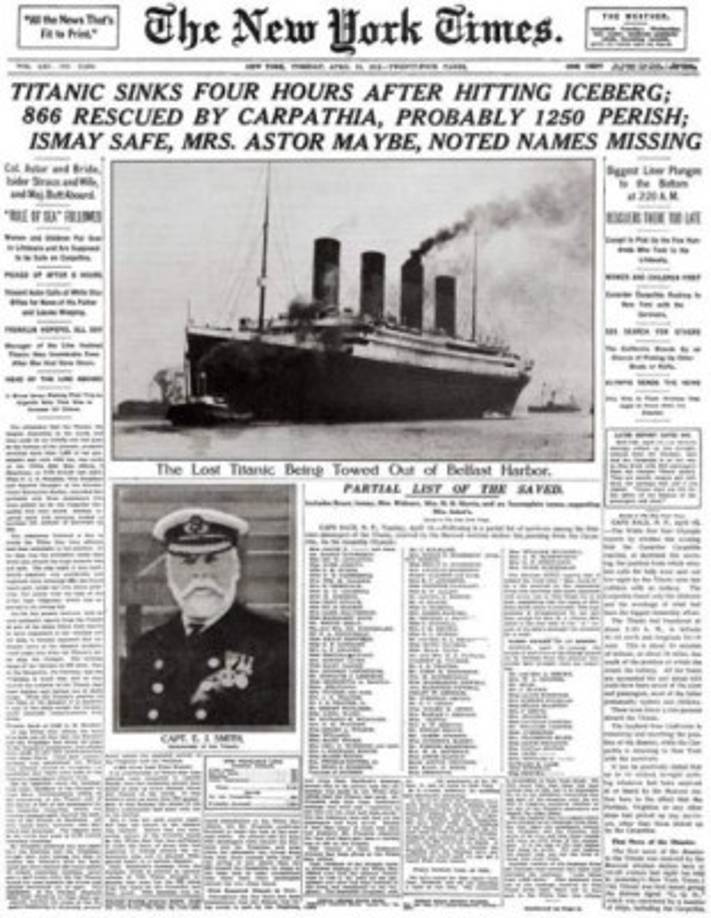 La portada del diario 'New York Times', el 16 de abril de 1912.