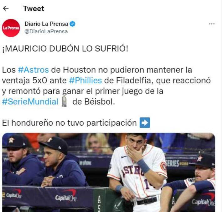 “Mauricio Dubón lo sufrió”, señalamos en Diario LA PRENSA respecto a la derrota de los Astros de Houston la noche del viernes en el primer juego de la Serie Mundial.