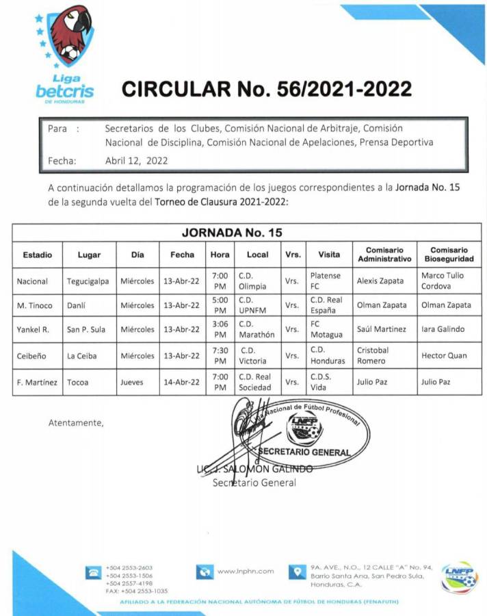 La Liga Nacional y el comunicado en donde anuncia la fecha y horarios de los partidos de la jornada 15.