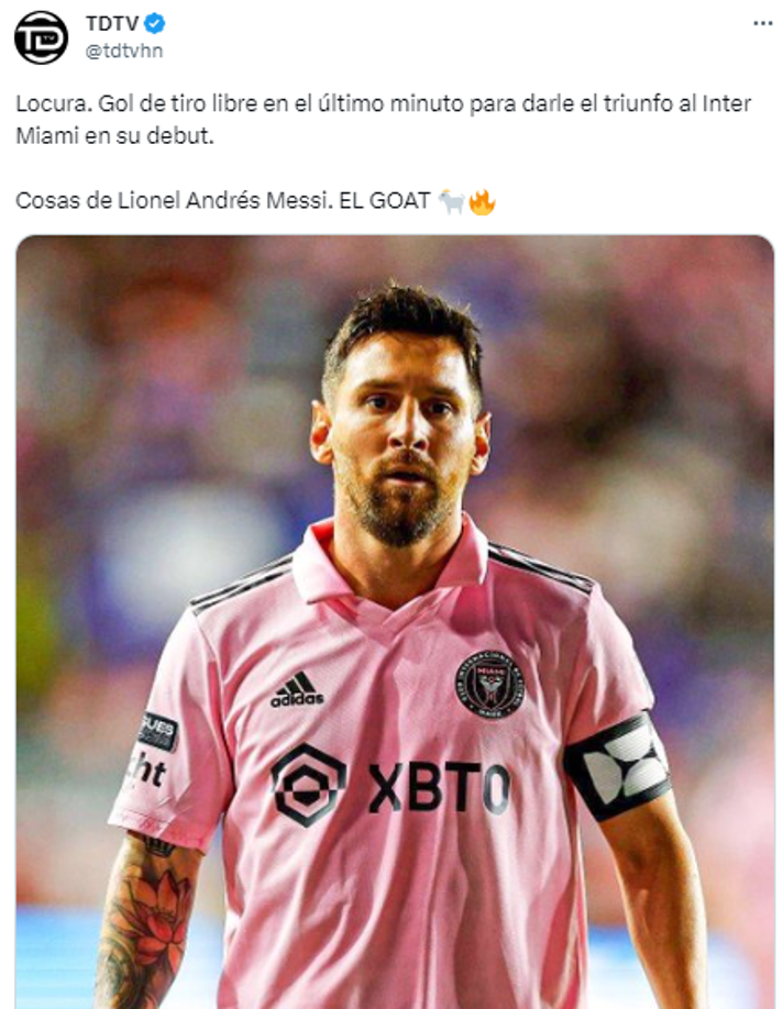 TDTV: “Locura. Gol de tiro libre en el último minuto para darle el triunfo al Inter Miami en su debut”.