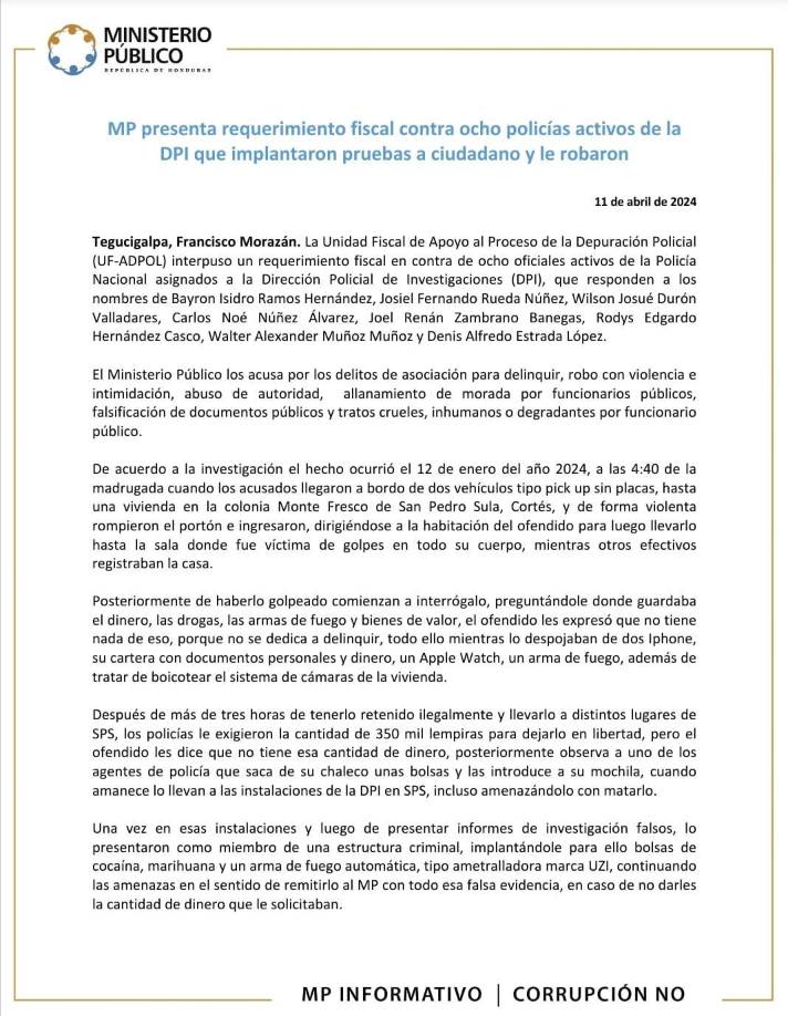 Estando en las instalaciones y tras presentar informes de investigación falsos, lo presentaron como miembro de una estructura criminal, implantándole para ello bolsas de cocaína, marihuana y un arma de fuego automática, tipo ametralladora marca UZI, continuando las amenazas en el sentido de remitirlo al MP con todo esa falsa evidencia, en caso de no darles la cantidad de dinero que le solicitaban.
