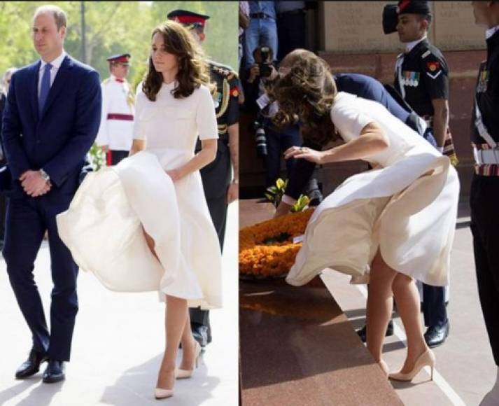 En 2016, Kate de verdad lució como Marilyn Monroe cuando el viento levantó su vestido blanco durante su visita a un monumento nacional de guerra en Nueva Delhi con el príncipe William, durante su gira real en India. MIRA: <a href='https://www.laprensa.hn/fotogalerias/farandula/1352630-411/filtran-fotos-emma-corrin-como-princesa-diana-the-crown-4' style='color:red;text-decoration:underline' target='_blank'>Filtran fotos de Emma Corrin como la princesa Diana en 'The Crown'<br/></a><br/>