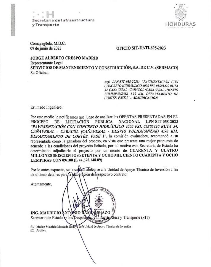 Oficio de la Secretaría de Infraestructura y Transporte (SIT).