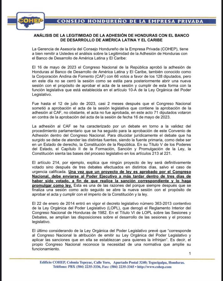 Análisis jurídico del Cohep sobre adhesión al CAF.