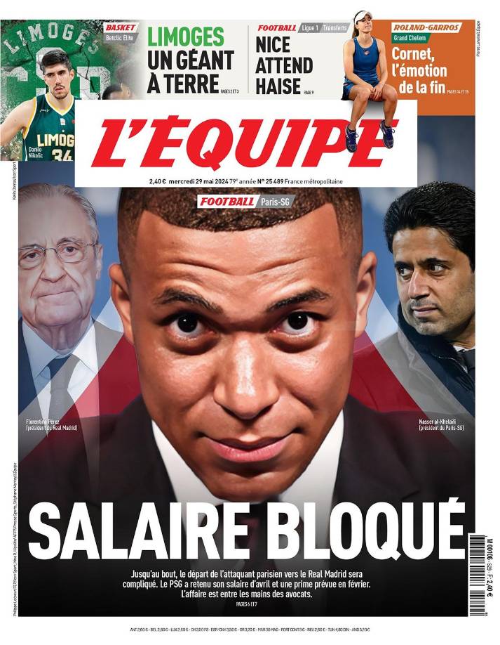 L’Equipe publica que el Paris Saint-Germain no le ha pagado el sueldo correspondiente el mes de abril ni una bonificación prevista para febrero a Mbappé, que acaba contrato y que ya ha firmado su contrato con el Real Madrid. Un castigo doloroso para Mbappé.
