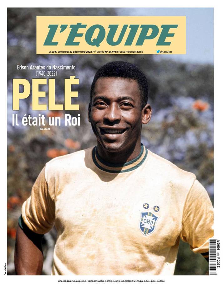 Portada del diario L’Équipe (Francia) - “Pelé: Él era un rey”.