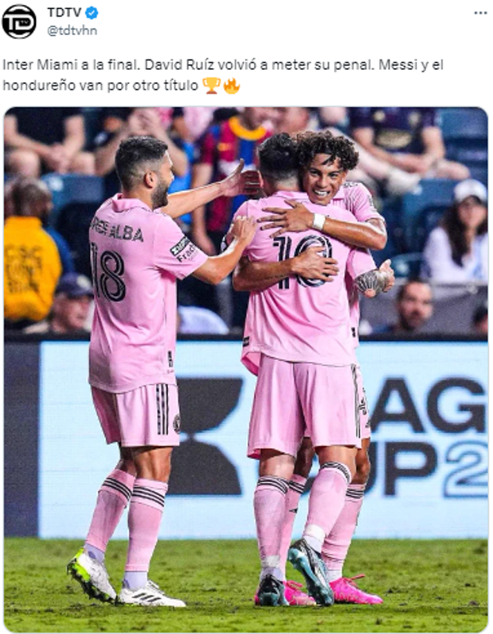 TDTV: “Inter Miami a la final. David Ruíz volvió a meter su penal. Messi y el hondureño van por otro título”.