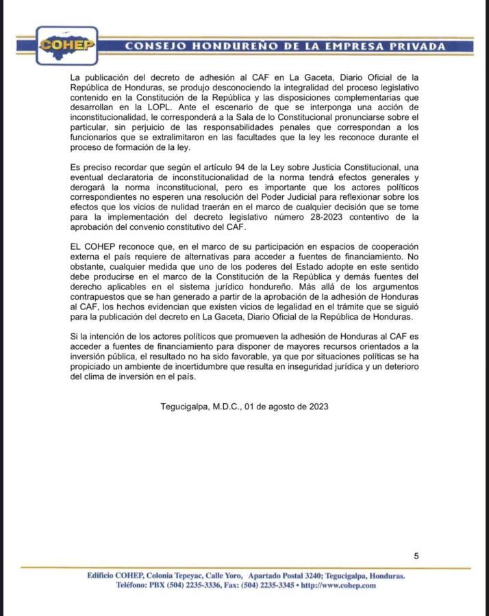 Análisis jurídico del Cohep sobre adhesión al CAF.