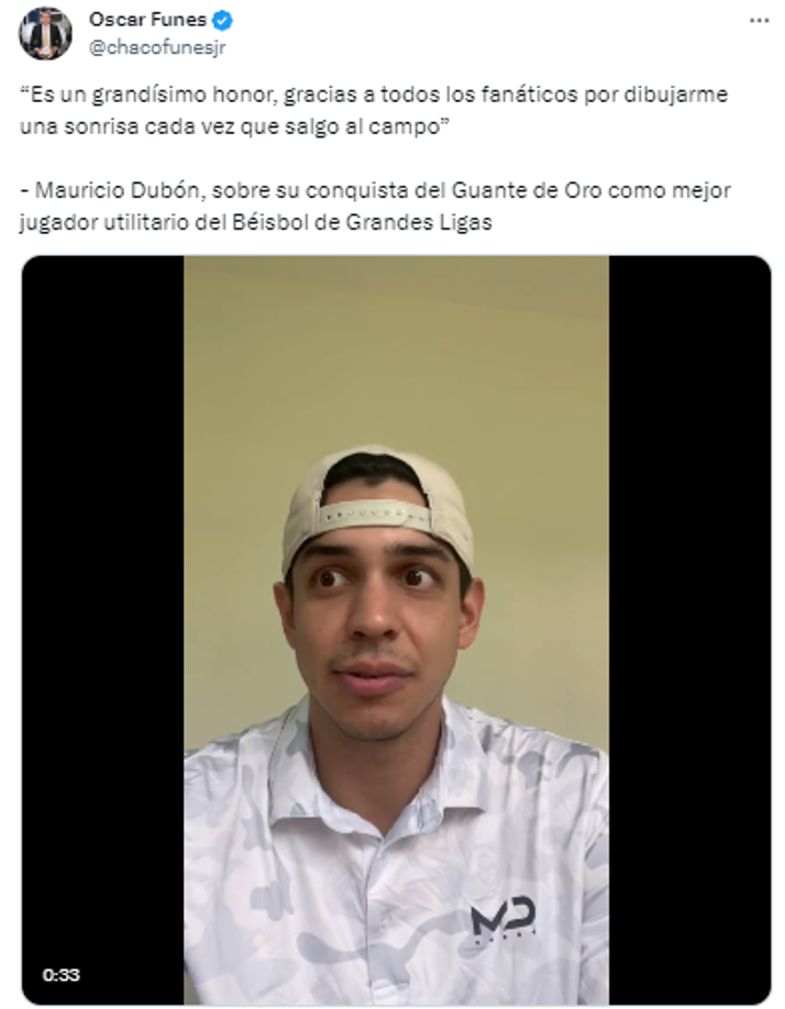 Esto dijo Dubón tras ganar el Guante de Oro: ““Es un grandísimo honor, gracias a todos los fanáticos por dibujarme una sonrisa cada vez que salgo al campo”.