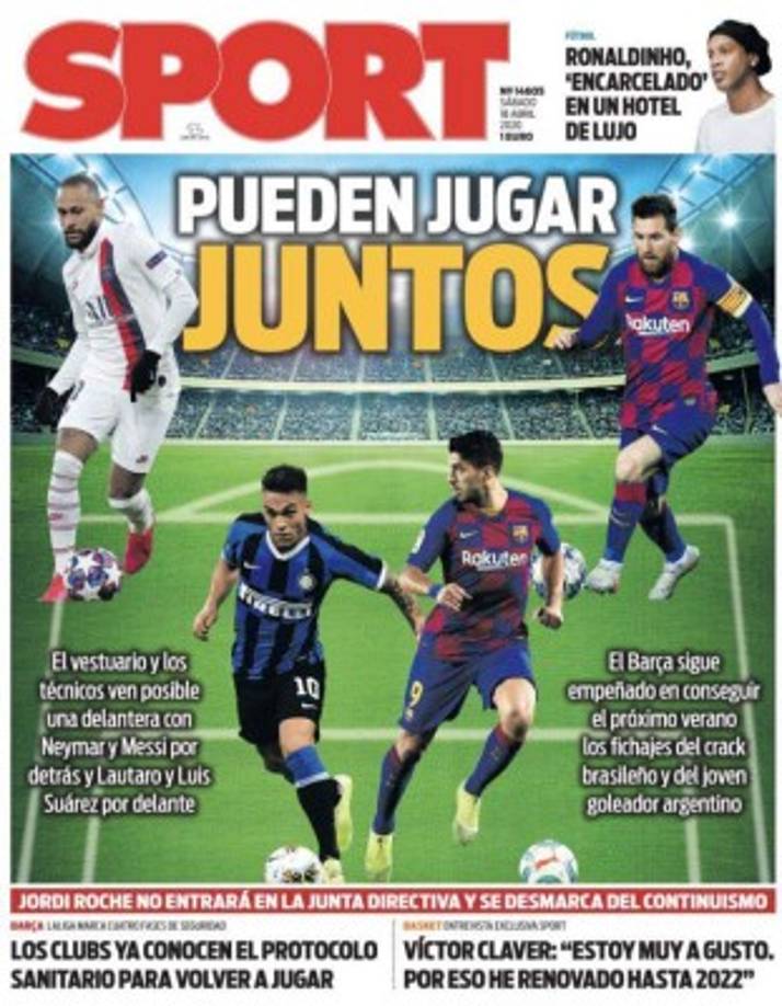 Medios españoles como el Diario Sport señalan en su portada que Neymar y Lautaro Martínez reforzarán la zona ofensiva del FC Barcelona en la que estarán Messi, Luis Suárez y Griezmann.