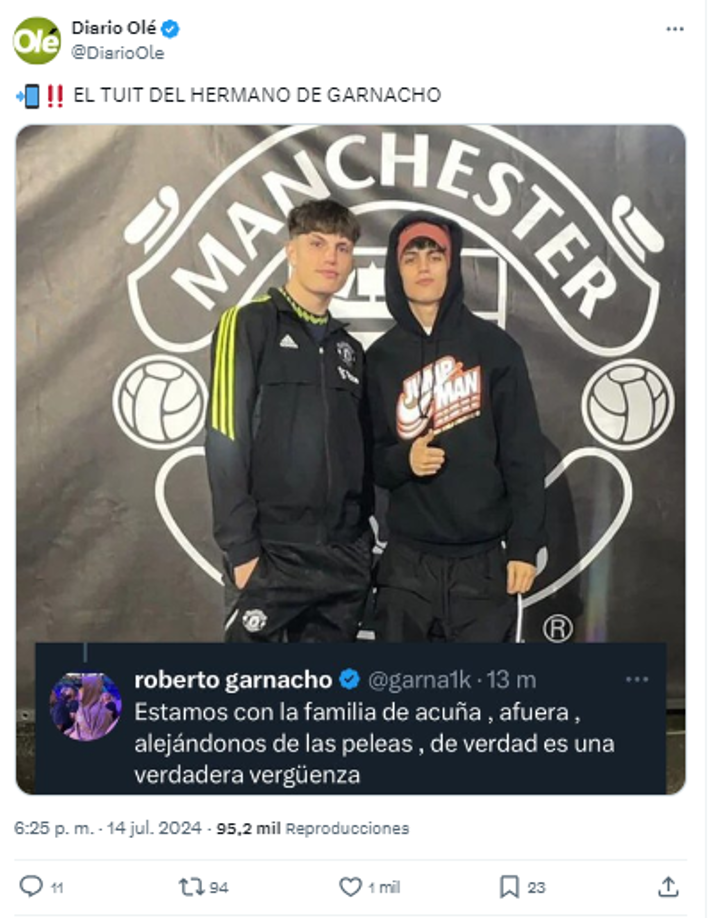 El hermano de Alejandro Garnacho también se pronunció en sus redes sociales: “Es una verdadera vergüenza”
