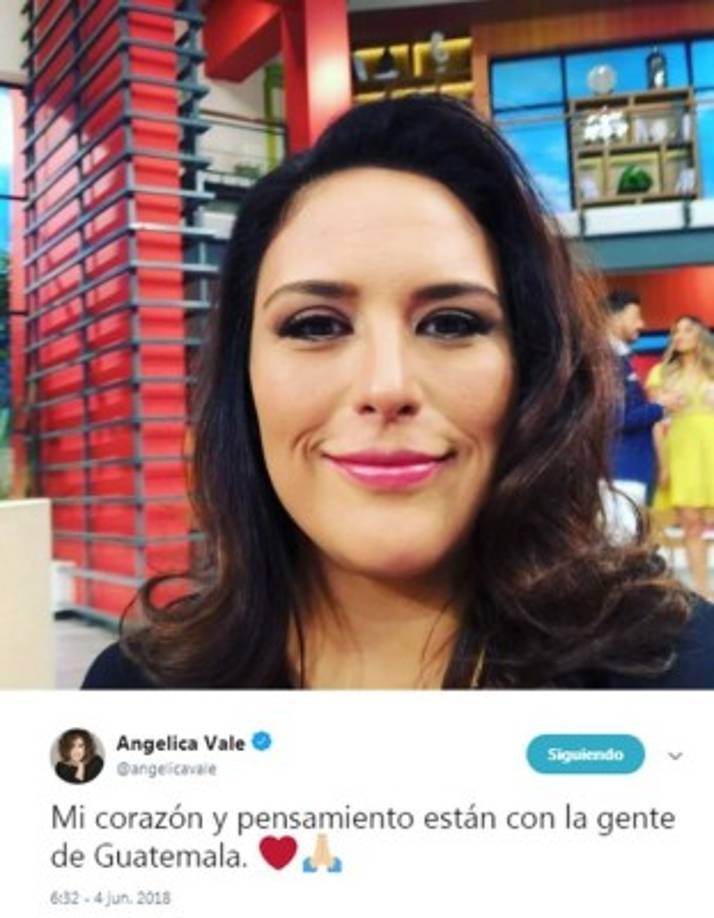 La actriz mexicana Angélica Vale escribió en su cuenta de Twitter: 'Mi corazón y pensamiento están con la gente de Guatemala.'<br/>