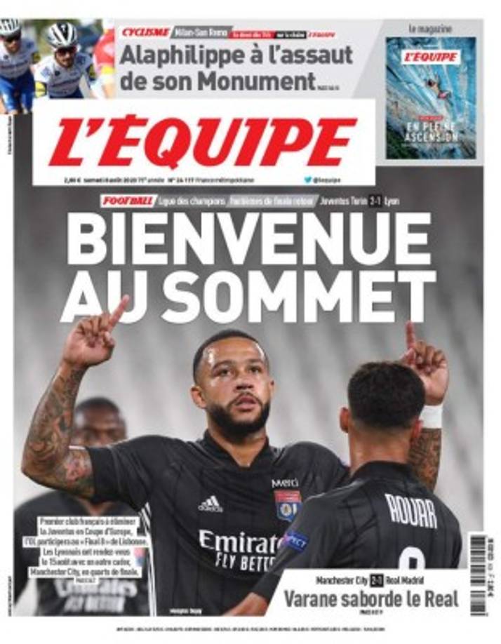 L'Équipe - 'Bienvenido a la cima'. 'El Olympique de Lyon, primer club francés en eliminar a la Juventus de la Copa de Europa, participará en la 'Final 8' en Lisboa'. 'Los lioneses se miden el 15 de agosto con el Manchester City, en cuartos de final'. También destacan la noche negra de Raphael Varane: 'Hundió al Real Madrid'.