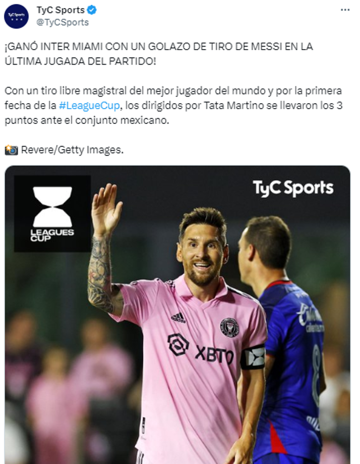 TyC Sports de Argentina: “¡GANÓ INTER MIAMI CON UN GOLAZO DE TIRO DE MESSI EN LA ÚLTIMA JUGADA DEL PARTIDO!”.