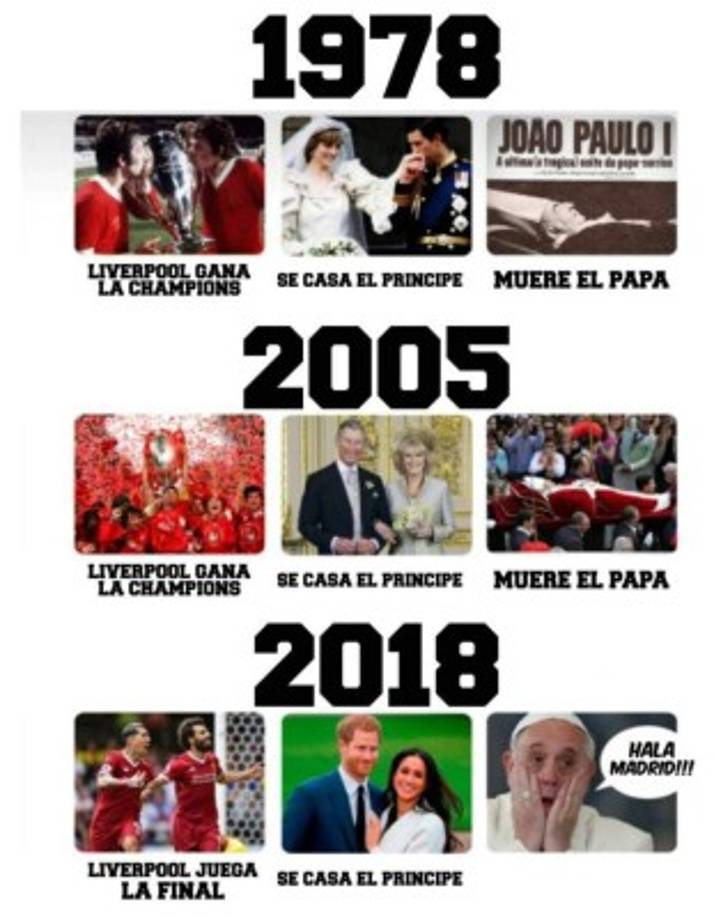 Los internautas han creado una imagen en donde proponen la teoria triple de que si Liverpool logra coronarse en la final de La UEFA Champions League el próximo 26 de mayo contra Real Madrid, aunado a la boda del príncipe Harry y la actriz estadounidense Meghan Markle el 19 de mayo, el Papa Francisco 'correría peligro de muerte'.