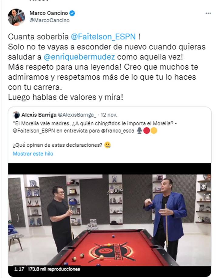 “¡Cuánta soberbia, David Faitelson! Solo no te vayas a esconder de nuevo cuando quieras saludar a Enrique Bermúdez como aquella vez! ¡Más respeto para una leyenda! Creo que muchos te admiramos y respetamos más de lo que tú lo haces con tu carrera. Luego hablas de valores y mira”, aseveró Marco Cancino.
