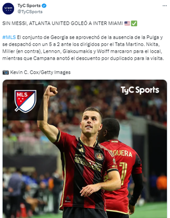 TyC Sports de Argentina: “SIN MESSI, ATLANTA UNITED GOLEÓ A INTER MIAMI”.