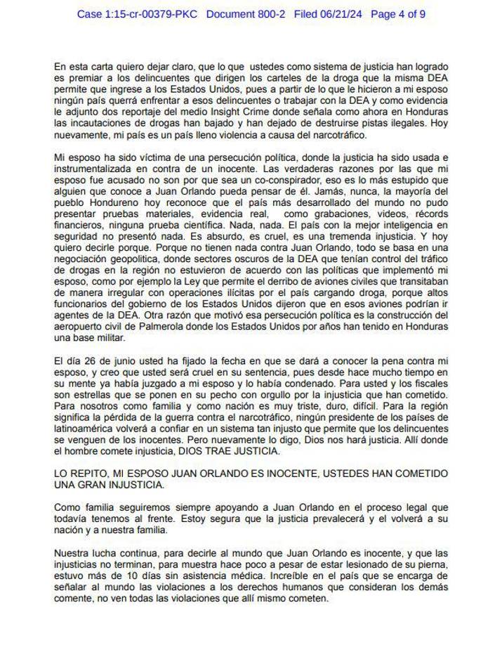 “Ustedes han cometido una gran injusticia”, señala un fragmento de la carta de Ana García al juez Kevin Castel. 