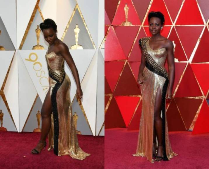 La ganadora del Óscar Lupita Nyong'o le siguió a Kidman como una de las más elegantes de la noche.<br/>La actriz usó un Versace dorado que resaltaba su figura.