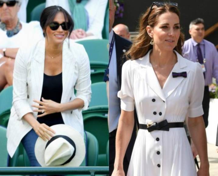 Meghan usó la misma paleta de colore que su concuña Kate Middleton para su vestuario. El 02 de junio la duquesa de Cambridge lució su versión de blanco y negro para asistir a Wimbledon.