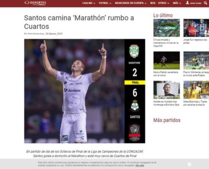 Televisa Deportes - 'Santos camina ‘Marathón’ rumbo a Cuartos'. 'En partido de ida de los Octavos de Final de la Liga de Campeones de la Concacaf, Santos golea a domicilio al Marathon y está muy cerca de Cuartos de Final'.