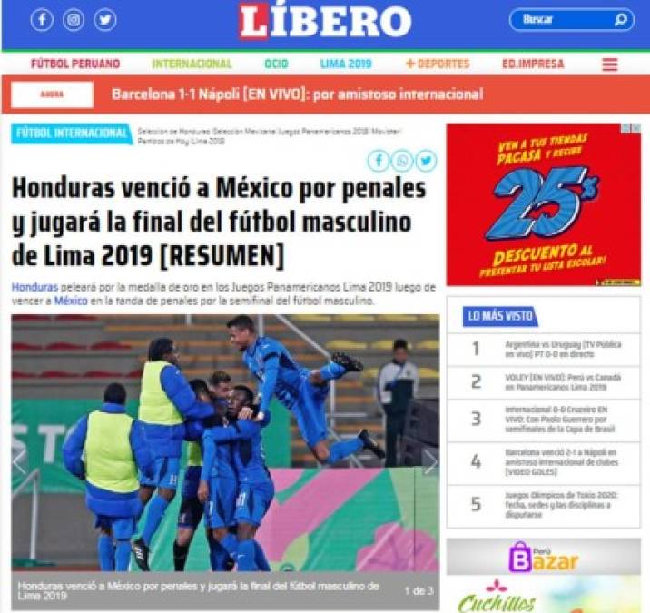 Líbero de Perú - 'Honduras venció a México por penales y jugará la final del fútbol masculino de Lima 2019'.