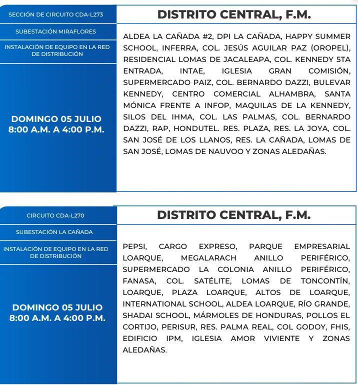 Ocho horas sin luz estarán varias zonas de SPS y el Distrito Central este domingo 5 de julio