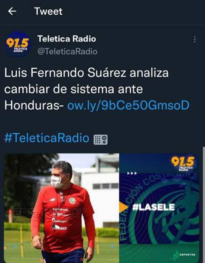 Teletica Radio de Costa Rica informa que Luis Fernando Suárez analiza cambiar de sistema ante Honduras.