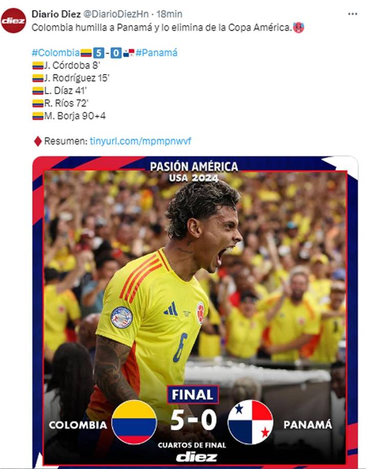 Diario Diez - “Colombia humilla a Panamá y lo elimina de la Copa América”.