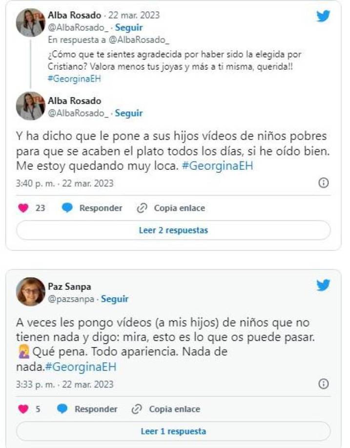 “Qué pena. Todo apariencia” y “ha dicho que le pone videos a sus hijos de niños pobres para que se acaben el plato todos los días, sí he oído bien. Me estoy quedando loca”, fueron otros de los comentarios.