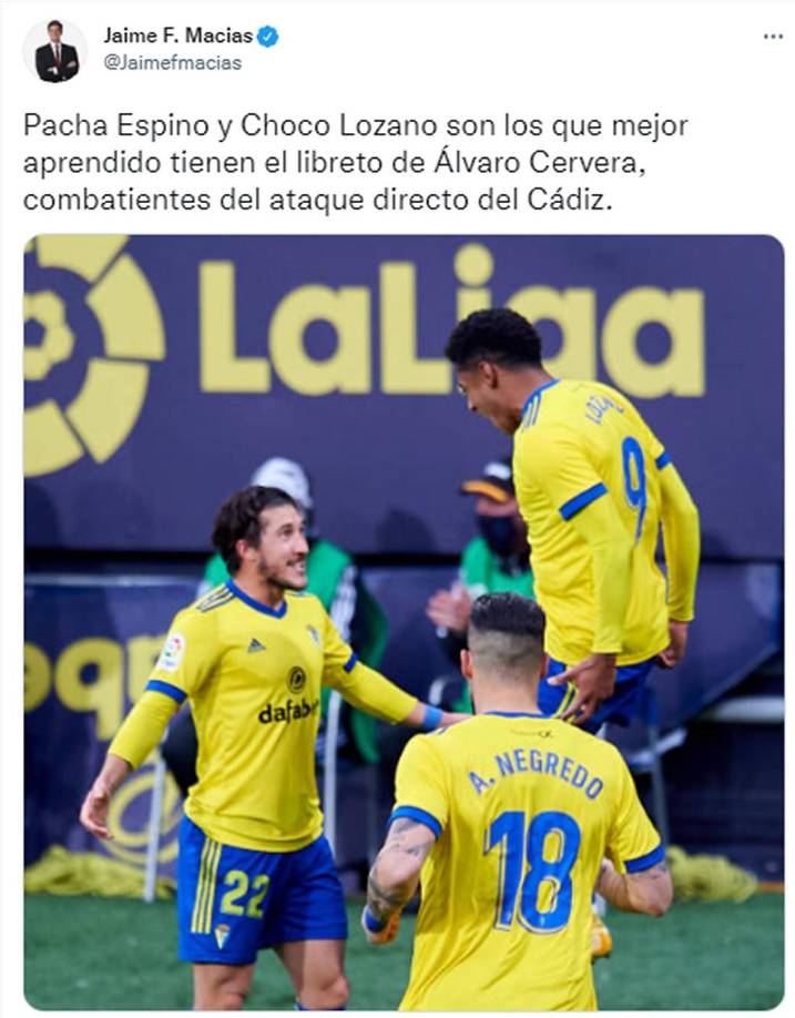 Jaime F. Macías, periodista de beIN Sports - ‘Pacha Espino y Choco Lozano son los que mejor aprendido tienen el libreto de Álvaro Cervera, combatientes del ataque directo del Cádiz’.