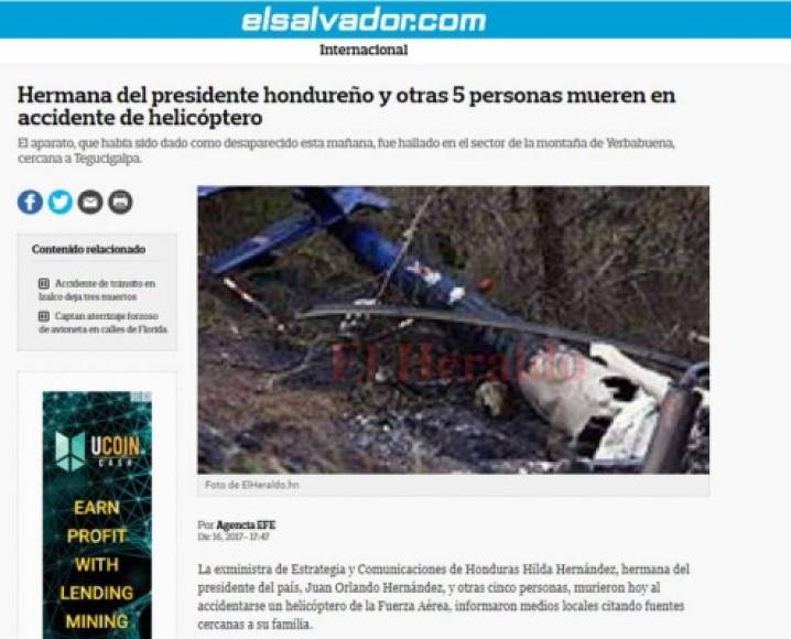 Diario El Salvador: 'Hermana del presidente hondureño y otras 5 personas mueren en accidente de helicóptero'.