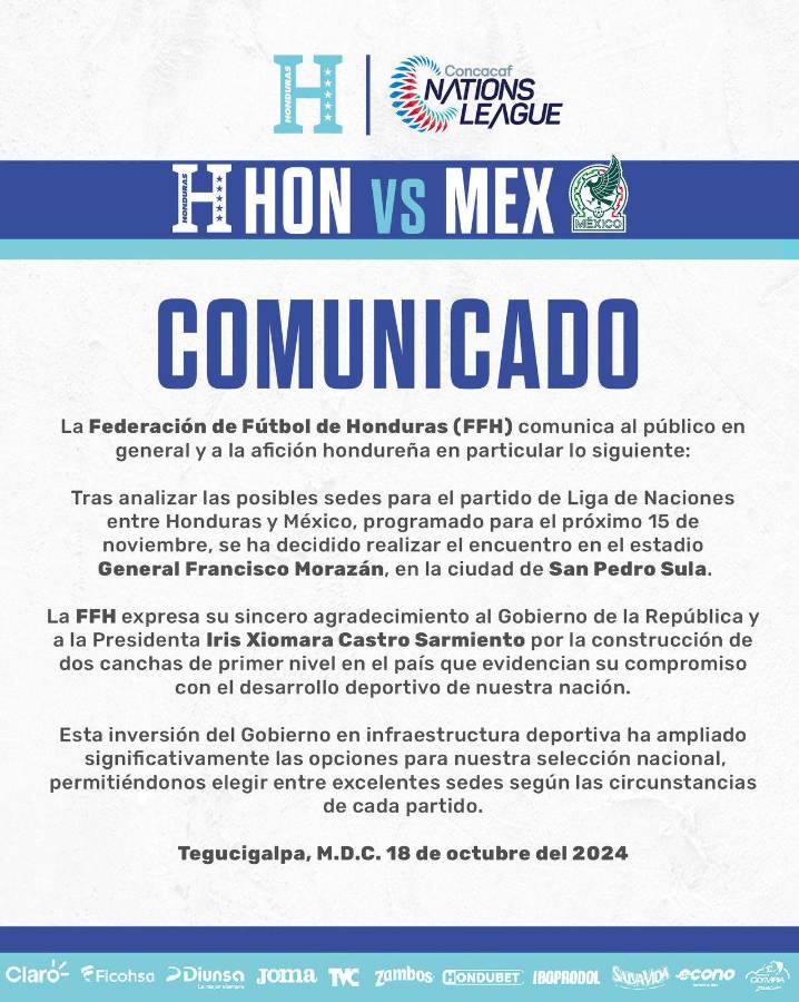 Comunicado de la Federación de Fútbol de Honduras.