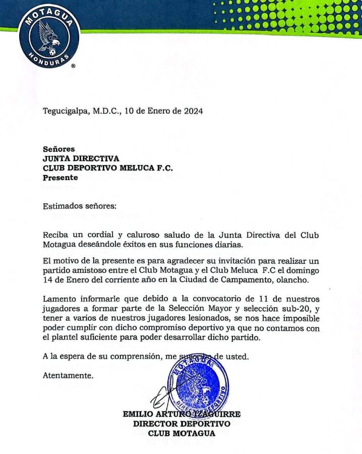 Comunicado oficial de Motagua.
