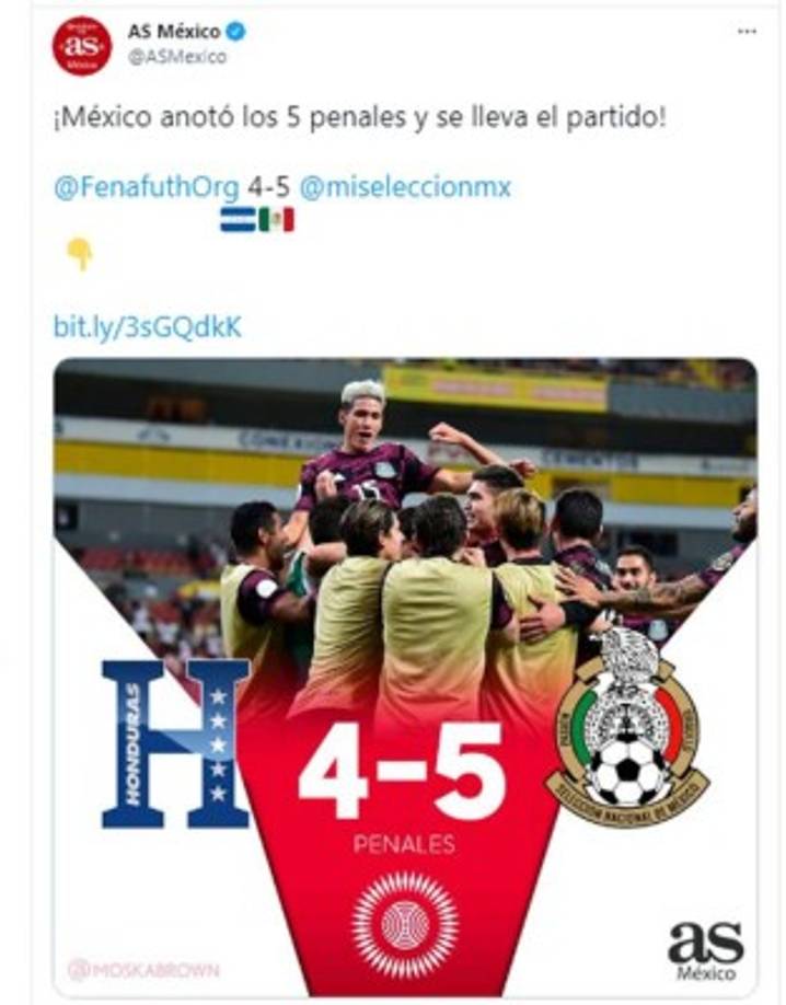 Diario As de España: “¡México anotó los 5 penales y se lleva el partido!“. <br/><br/>Ya en su nota del partido, el citado medio informa que “la Selección Mexicana se impuso a Honduras en la tanda de penalts. El cuadro catracho fue un hueso muuuuy duro de roer. La diferencia fue un penalti errado. Gran papel de Honduras. México levanta el trofeo“.