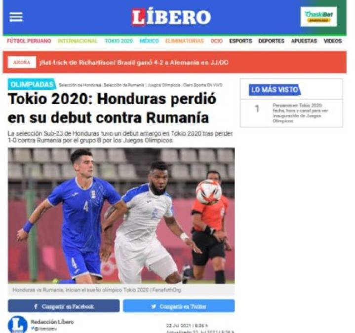 Diario Líbero de Perú - “La Sub-23 de Honduras tuvo un debut amargo en Tokio 2020 tras perder contra Rumania por el Grupo B de los Juegos Olímpicos”.