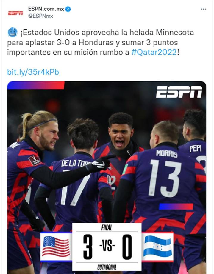 ESPN - “¡Estados Unidos aprovecha la helada Minnesota para aplastar 3-0 a Honduras y sumar 3 puntos importantes en su misión rumbo a Qatar-2022!”