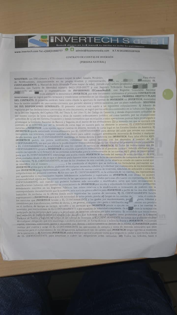 Imagen del contrato que Invertech entrega a sus socios para que firmen una vez han realizado su primer depósito.