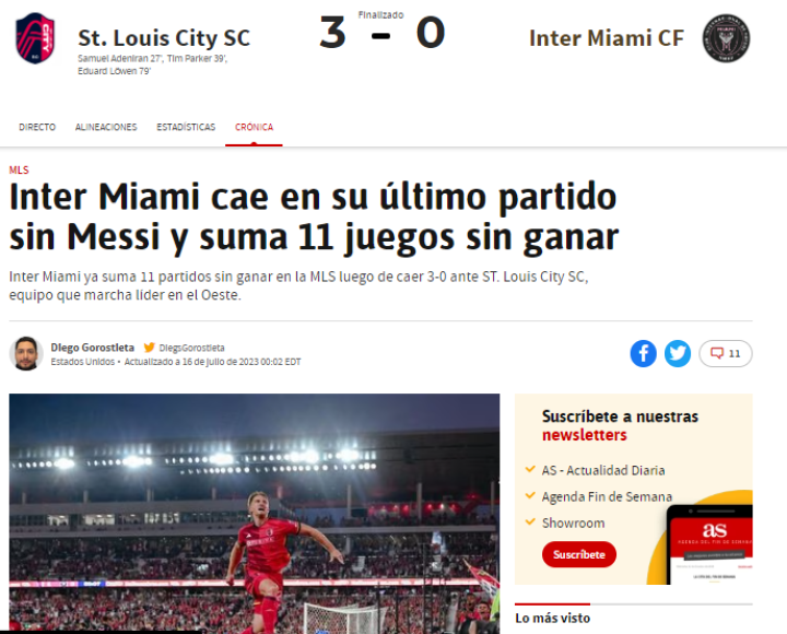 Diario As de España: “Inter Miami cae en su último partido sin Messi y suma 11 juegos sin ganar”.