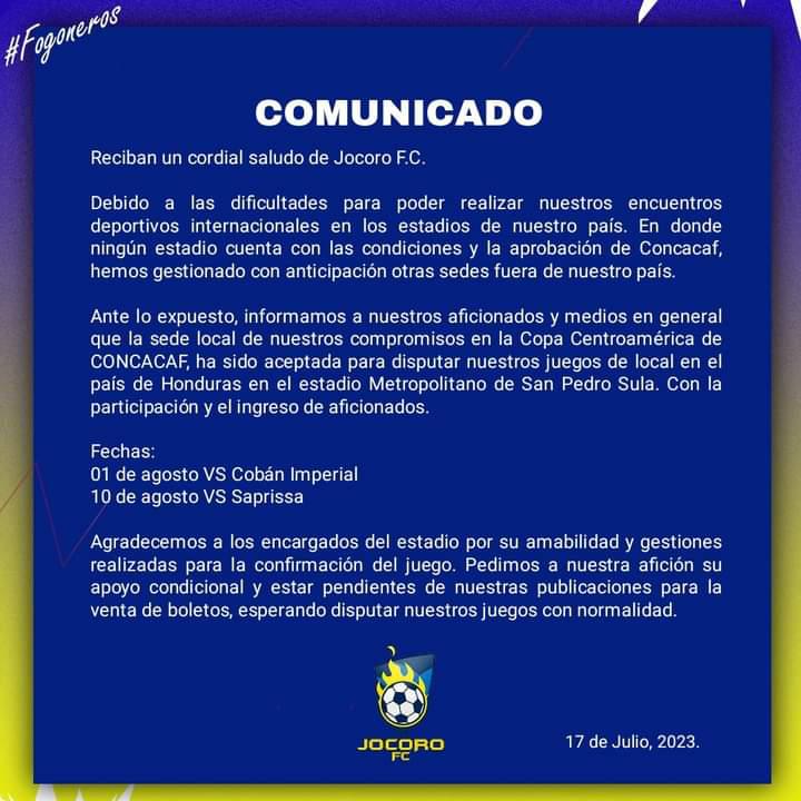 Comunicado del Joroco FC anunciando sus juegos de la Copa Centroamericana en Honduras.