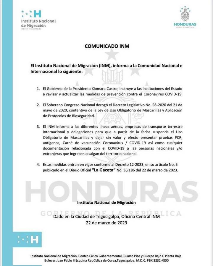 El comunicado del Instituto Nacional de Migración en Honduras.